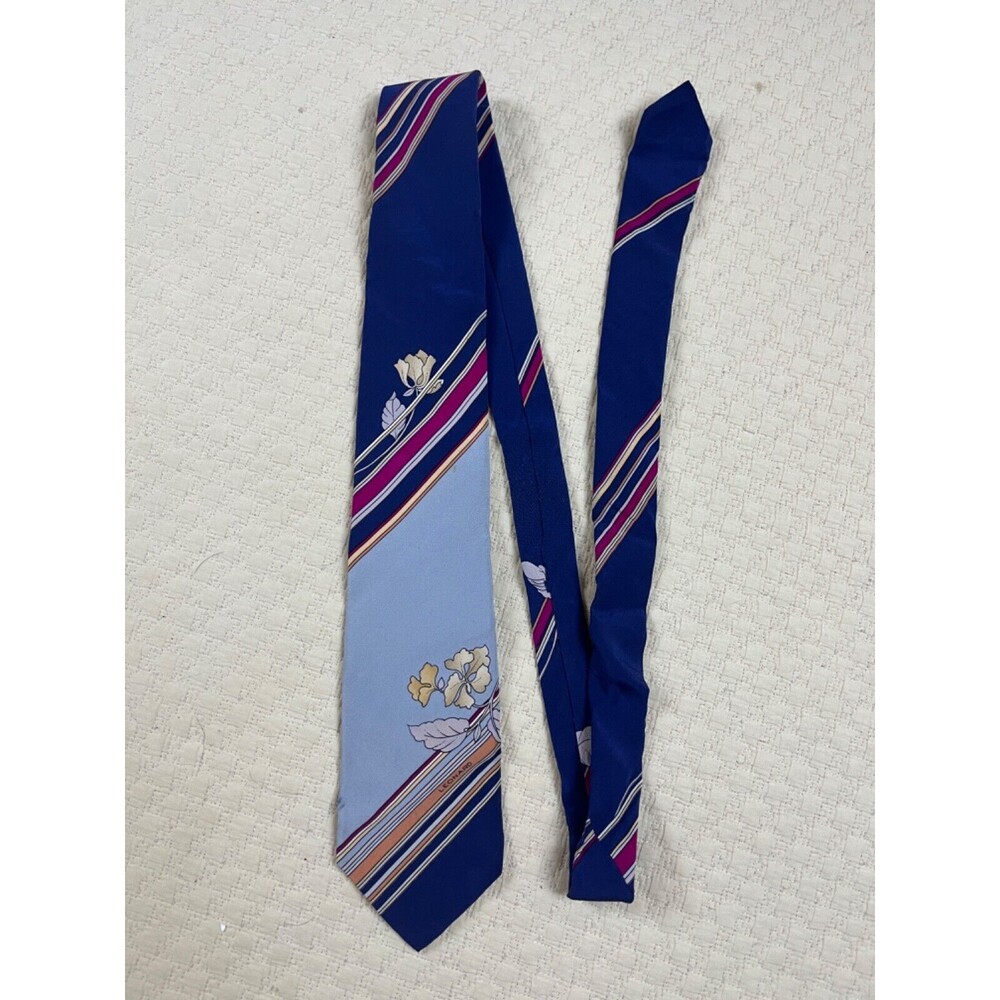 Leonard Paris Silk Floral Tie Wide Stripe Vintage 1980s Blue Pink 54"L 3.5"W